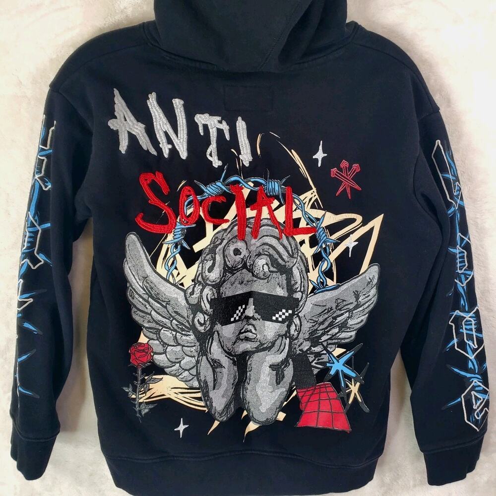 Reason Anti Social Black Graphic Embroidered Hoodie Boys Large 14/16